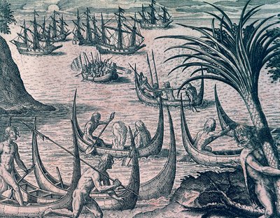 Hollandske skibe i Magellan-strædet, gravering fra amerikansk historie af Theodore de Bry (1528-1598), Frankfurt af Theodore de Bry