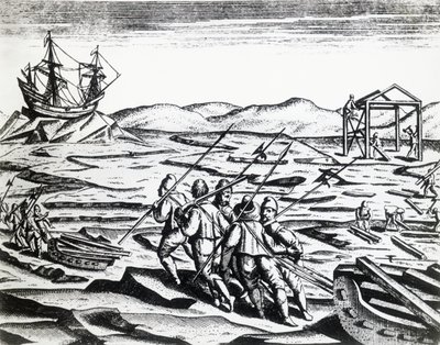 Ekspedition ledet af William Barents (ca. 1550-1597) på jagt efter Nordøstpassagen, fra Peregrinationes, af Theodor de Bry (1528-1598), gravering af Theodore de Bry