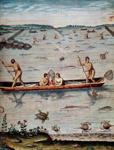 Fisketeknikker for de indfødte i Virginia, gravering af Theodor de Bry (1528-1598) fra Admiranda narrative trust tamen, commodis et de incolarvm ritibvs Virginae af Theodore de Bry