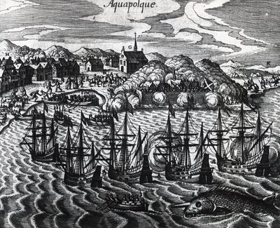 Flåde af galeoner i Acapulco Port, af Theodor de Bry (1528-1598), gravering af Theodore de Bry