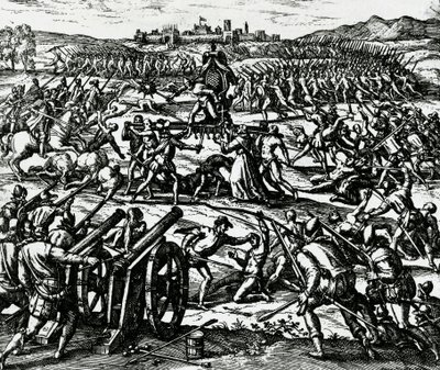 Francisco Pizarros (ca. 1475-1541) tropper, der fangede inkakejser Atahualpa under slaget ved Cajamarca, 16. november af Theodore de Bry