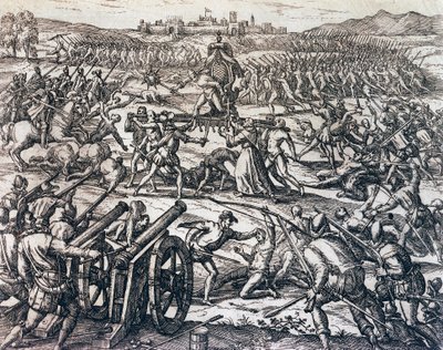Francisco Pizarros (ca. 1475-1541) tropper, der fangede inkakejser Atahualpa under slaget ved Cajamarca, 16. november af Theodore de Bry
