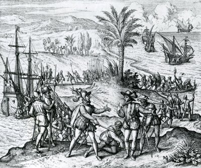 Francisco de Bobadilla ankommer som guvernør og arresterer Christopher Columbus (1451-1506) i Hispaniola, 1500, 1590 af Theodore de Bry