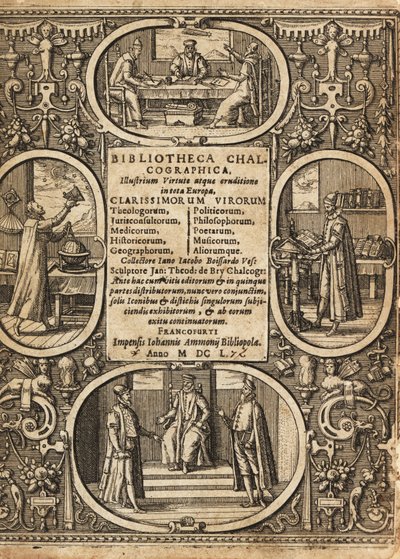 Frontispice med vignetter af videnskabsmænd inden for grænser. af Theodore de Bry