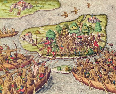 Hans Staden bliver taget til fange af indfødte amerikanere i Brasilien af Theodore de Bry