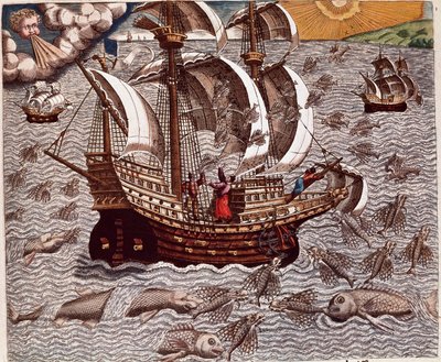 Amerikas historie: "" Rejse af spanske karaveller omgivet af flyvende fisk"" Oplæsning af rejserne for Hans Staden, tysk opdagelsesrejsende, der rejste med de spanske flåder til Brasilien, taget til fange af Tupinamba-indianerne. Indgravering fra "Americae af Theodore de Bry