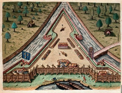 Amerikas historie: "Life of Fort Carolina, Bastion of Carolina" "Gravering fra "Admirante Narratio Americae"" af Theodore de Bry (1528-1598) efter en tegning af Jacques le Moyne (de Morgues) (1533-1588) af Theodore de Bry