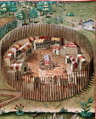 Amerikas historie: "" Repræsentation af den befæstede by Pomeiock eller Pomeiooc i Virginia i 1585""" Indgravering fra "" Admirante Narratio Americae""" af Theodore de Bry (1528-1598) af Theodore de Bry