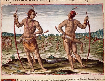 Amerikas historie: "" To indbyggere i Virginia, indiske våben med pile og bue"" Indgravering fra "" Admirante Narratio Americae"" af Theodore de Bry (1528-1598) af Theodore de Bry