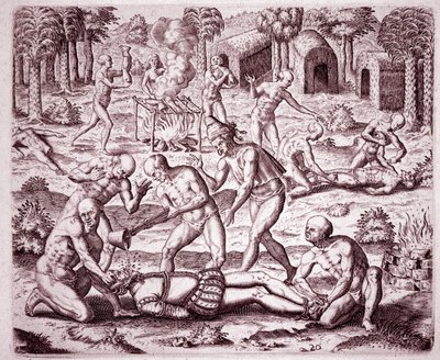 Historien om Amerika: beskrivelse af de tortur, som indianerne påførte spanske bosættere, hældte guld i munden og skar deres medlemmer for at spise dem (gravering) af Theodore de Bry