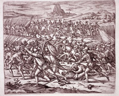 Historien om Amerika: kampe mellem hærene fra Vaca de Castro og Almagro junior efter Francisco Pizarros og Diego de Almagros død (gravering af Theodore de Bry