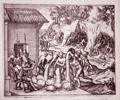 Amerikas historie: spanierne udnytter guldminerne (gravering af Theodore de Bry