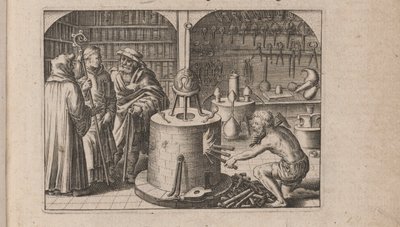 Illustration til Tripus Avrevs, det vil sige tre afhandlinger af udvalgte kemikere.., 1618 af Theodore de Bry