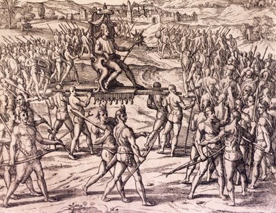 Inkakejser Atahualpa besejret af Francisco Pizarros (1475-ca 1541) spanske tropper, Peru, gravering fra amerikansk historie af Theodore de Bry (1528-1598), Frankfurt af Theodore de Bry
