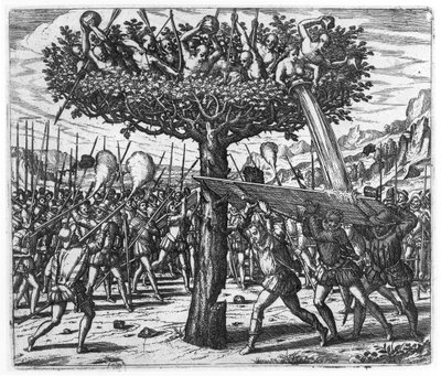 Indianere i et træ kaster projektiler mod spanierne af Theodore de Bry