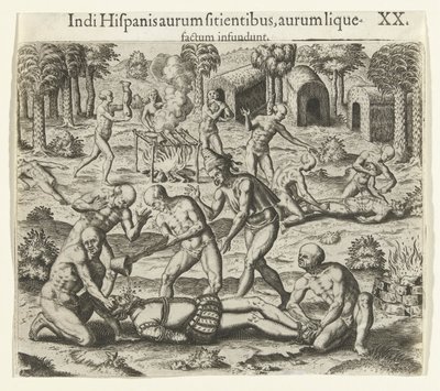 Indianere hælder flydende guld i munden på en spanier, 1594. af Theodore de Bry