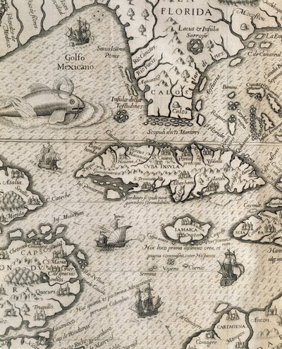 Island of Cuba, Florida og den Mexicanske Golf, gravering fra History of American Grand Voyages af Theodore de Bry