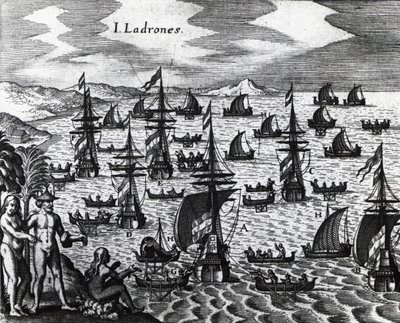Tyvenes øer (Islas de los Ladrones, i dag Marianas-øerne), gravering fra Peregrinationes, af Theodor de Bry (1528-1598). 16. århundrede af Theodore de Bry