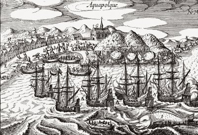 Mexico, Udsigt over Acapulco - Mexico (Aquapolque), Theodore de Bry, ca. 1630. Tidligt syn på kolonibosættelsen ved Acapulco, som spanierne brugte som hovedhavn for deres Stillehavshandel med Filippinerne. Havnen er fyldt med galjoner og en lar af Theodore de Bry