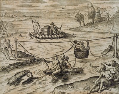 Native American Indians Going Down River Rapids, af Theodore de Bry af Theodore de Bry