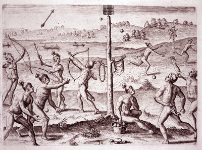 Indfødte amerikanere øver sig i at løbe, skyde pile og kaste bold, Florida (gravering af Theodore de Bry