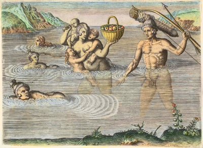 Indfødte i Florida: en familie, der svømmer fra den ene ø til den anden. Fra "" Americae,"" del II af Theodore de Bry