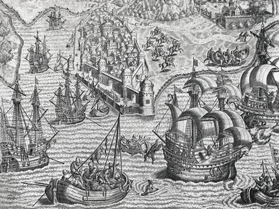 Søslag, gravering fra amerikansk historie af Theodore de Bry (1528-1598), Frankfurt af Theodore de Bry