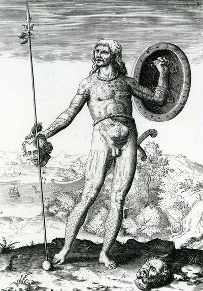 Piktisk mand med et menneskehoved af Theodore de Bry