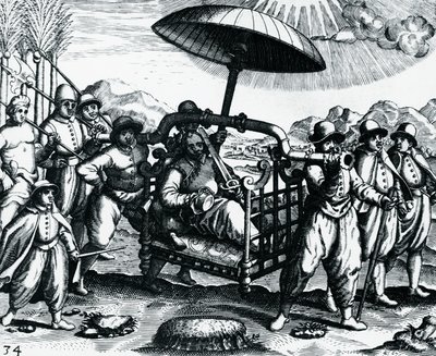 Portugisisk i Indien, bliver transporteret på affald, gravering fra Peregrinationes, af Theodor de Bry (1528-1598), Indien af Theodore de Bry