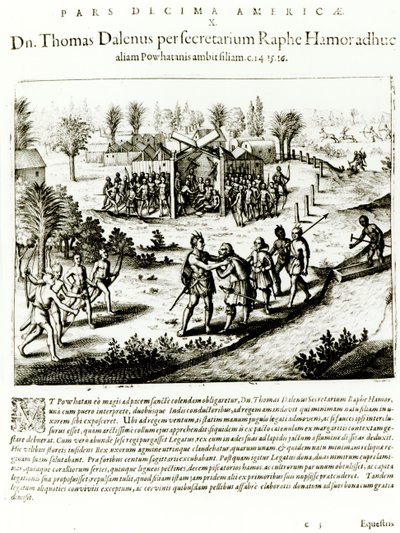 Ralph Hamor besøger Powhatan, 1619 (gravering) (foto i s/h) af Theodore de Bry