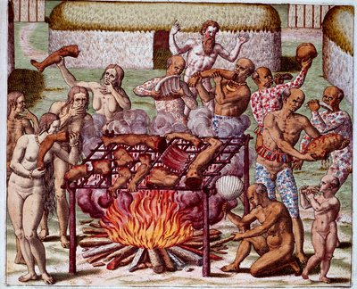 Scene af kannibalisme i Brasilien Indianerne fortærede deres fjender og fanger. Gravering fra "Admirante Narratio Americae" af Theodore de Bry (1528-1598) af Theodore de Bry