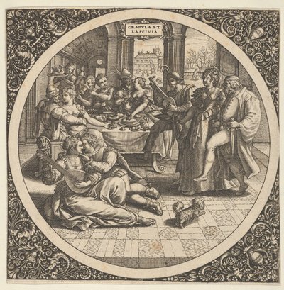 Scene med galanter ved en banket i en cirkel i midten, 1580-1600. af Theodore de Bry