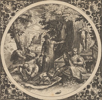 Scene med en advarsel mod kønssygdom i en cirkel i midten, 1580-1600. af Theodore de Bry