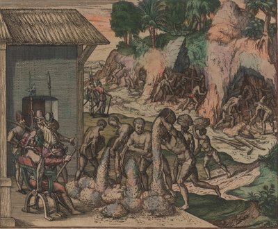 Slaver hælder malm foran europæiske soldater. I baggrunden arbejder slaver i minerne, 1595. af Theodore de Bry