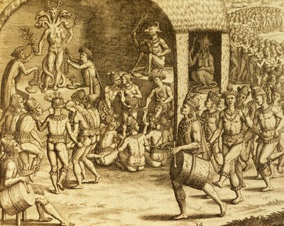 Sydamerikansk indfødt religiøs ritual, gravering fra Historia americae, af Theodor de Bry (1528-1598), Frankfurt af Theodore de Bry
