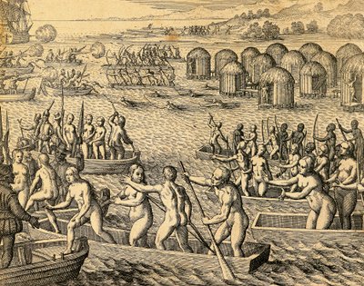 Sydamerikanske indfødte angriber erobrernes skibe af Theodore de Bry
