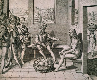 Spanske erobrere, der møder indfødte kvinder i Amerika, af Theodore de Bry af Theodore de Bry