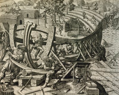 Spanske sømænd bygger karavel, gravering fra Historia Americae, af Theodor de Bry (1528-1598) af Theodore de Bry