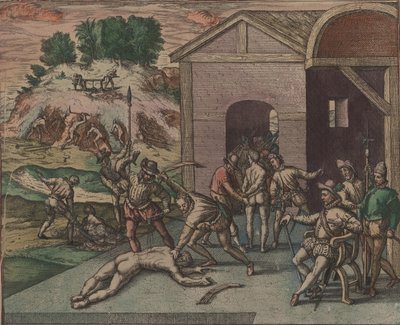 Spanske soldater observerer og udfører en slaves afstraffelse, 1595. af Theodore de Bry