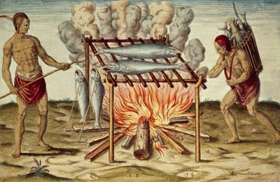 Taino indfødte, der tilbereder fisk, farvegravering af Theodor de Bry (1528-1598) fra maleri af John White, fra Kort og sand rapport om det nye fundne land i Virginia af Theodore de Bry