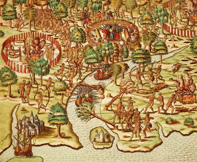 Teknikker til belejring og angreb, gravering af Theodor de Bry (1528-1598), fra Americae tertia pars af Theodore de Bry
