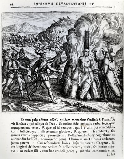 Afbrændingen af Hatuey af spanierne i Yara, Cuba, den 2. februar 1512, 1664 af Theodore de Bry