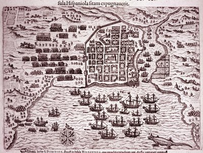 Francis Drake-flåden indtager øen Santo Domingo (gravering af Theodore de Bry
