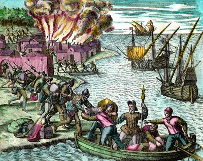 Franskmændene plyndrer og brænder byen Chioreran Indgravering fra "History of America"" af Theodore de Bry (1528-1598) 1500-tallets privatsamling af Theodore de Bry