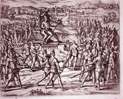 Inka-kongen, Atahualpa (eller Atabaliba), der holder et scepter i form af en sol, bliver båret på et kuld for at møde Francisco Pizarro (gravering) af Theodore de Bry