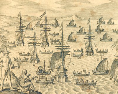 Tyvenes ø, gravering fra amerikansk historie af Theodore de Bry, Nordamerika 17. århundrede. af Theodore de Bry