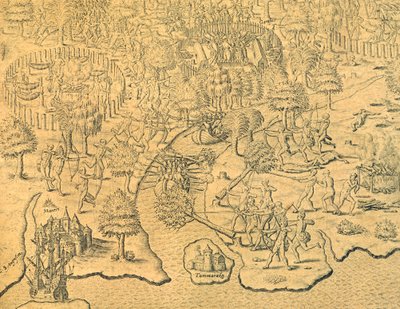 Portugiserne skubber mod det indre og bliver angrebet af en lokal stamme af Theodore de Bry
