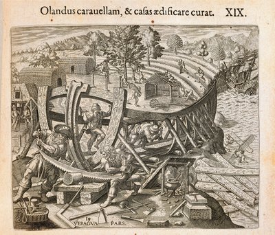 Spanierne bygger deres første skib i den nye verden, gravering af Theodor de Bry (1528-1598) fra Amerika af Theodore de Bry