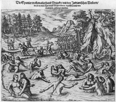Spanierne misbruger indiske kvinder efter tilfangetagelsen af kong Atahualpa (ca. 1502-33) i 1532 af Theodore de Bry