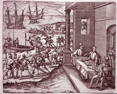 De spanske conquistadorer Francisco Pizarro, Diego de Almagro og Hernando de Luque gik sammen om at erobre Peru (gravering af Theodore de Bry